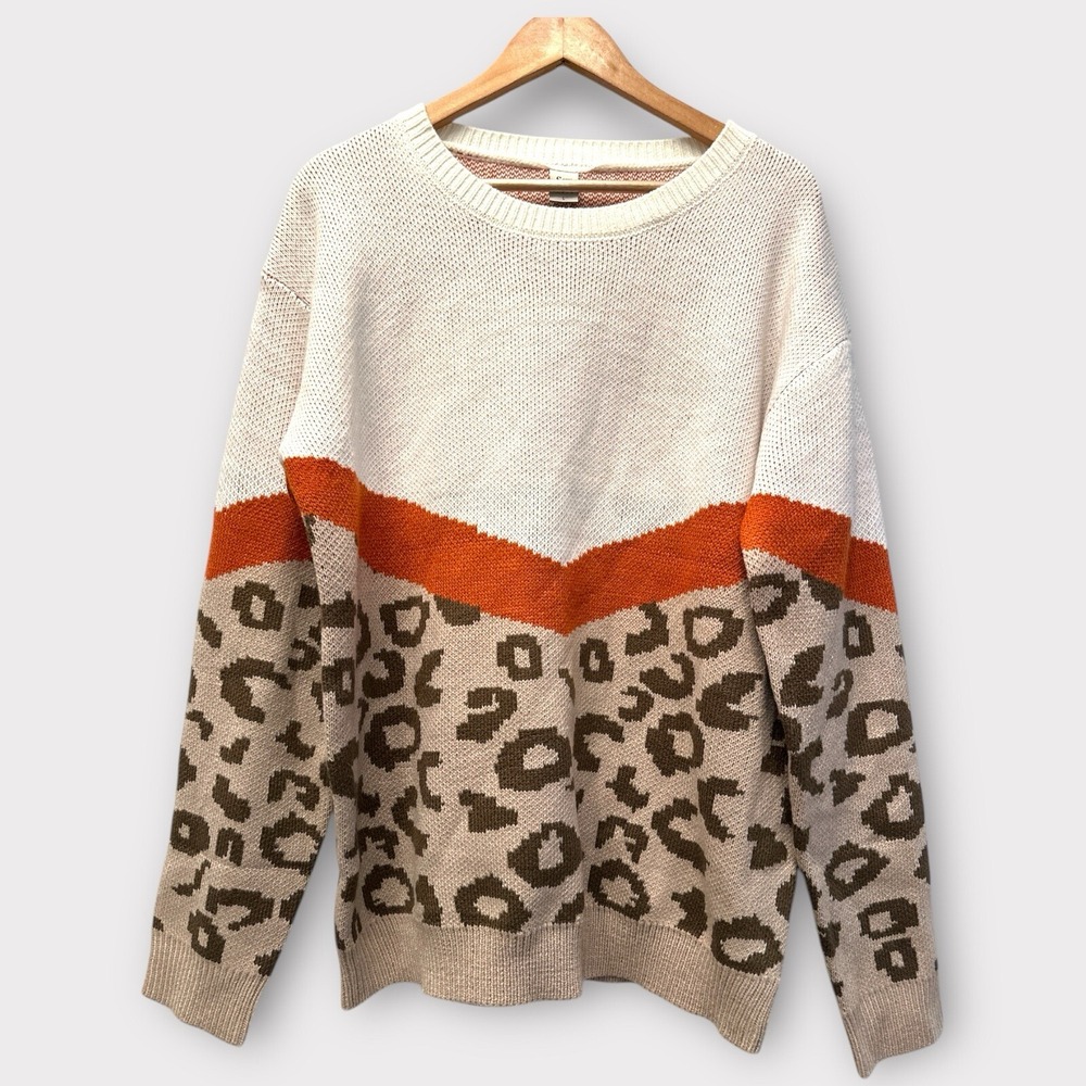 Sew In Love Women Leopard Colorblock Sweater Cream Orange Animal Print Large‎